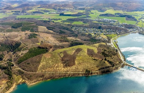 Aerial photo, forest damage in the forest area at Sorpesee, Amecke, Sundern, Sauerland, North
