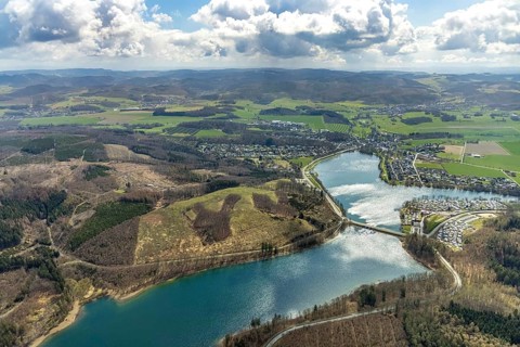 Aerial photo, forest damage in the forest area at Sorpesee, Amecke, Sundern, Sauerland, North