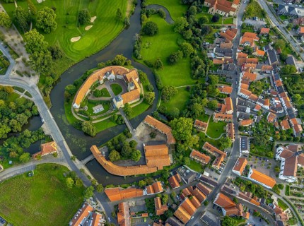 Aerial view, Burgsteinfurt Castle, also known as Steinfurt Castle, in the Burgsteinfurt district of