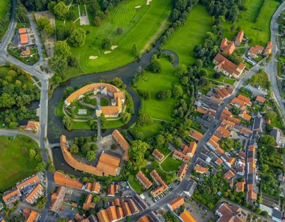 Aerial view, Burgsteinfurt Castle, also known as Steinfurt Castle, in the Burgsteinfurt district of