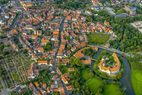 Aerial view, Burgsteinfurt Castle, also known as Steinfurt Castle, in the Burgsteinfurt district of