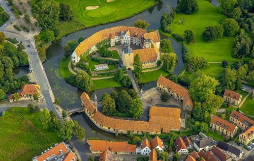 Aerial view, Burgsteinfurt Castle, also known as Steinfurt Castle, in the Burgsteinfurt district of