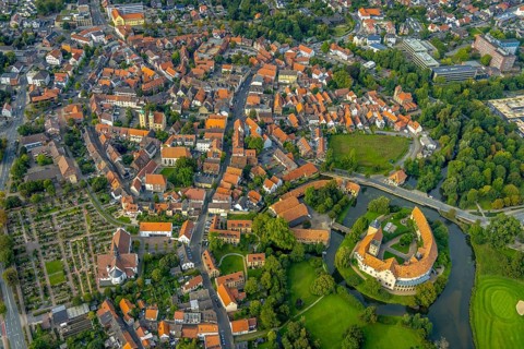 Aerial view, Burgsteinfurt Castle, also known as Steinfurt Castle, in the Burgsteinfurt district of