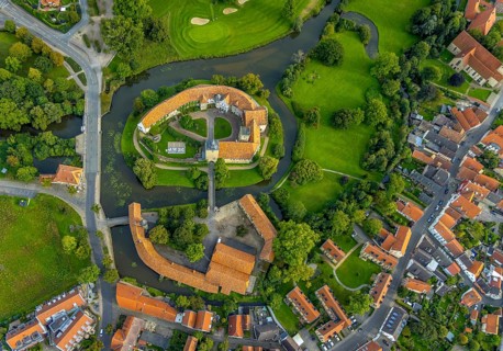 Aerial view, Burgsteinfurt Castle, also known as Steinfurt Castle, in the Burgsteinfurt district of