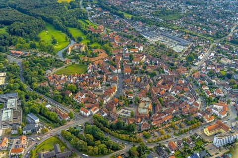 Aerial view, Burgsteinfurt Castle, also known as Steinfurt Castle, in the Burgsteinfurt district of