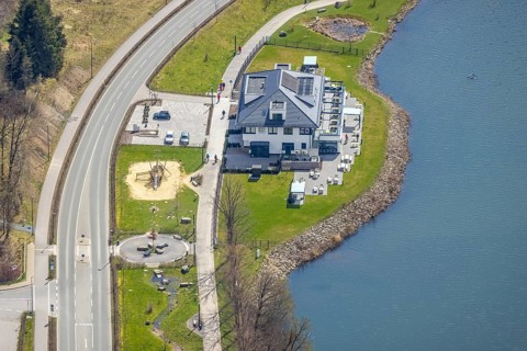 Aerial view, gastronomy home harbour at the lakeside promenade Seestraße, Sorpesee, Amecke,