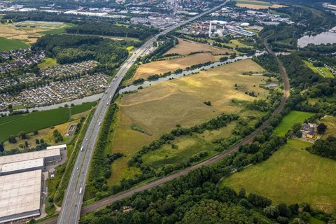 Aerial view, motorway A1 near Hagen and Schwerte, a week ago there was still land under water at