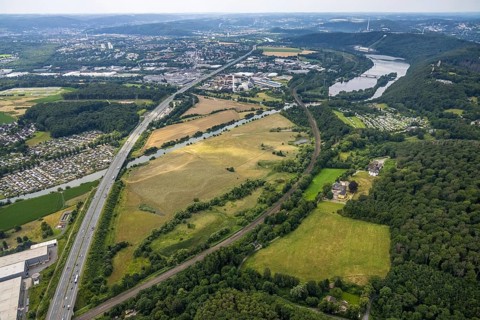 Aerial view, motorway A1 near Hagen and Schwerte, a week ago there was still land under water at