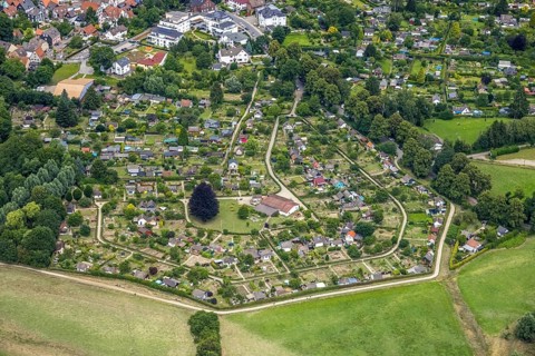 Aerial view, allotment garden site in the south of Schwerte, a week ago there was still land under