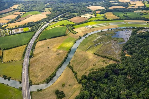 Aerial view, motorway A45 Sauerlandlinie with Ruhr bridge, a week ago the Ruhr was flooded, course