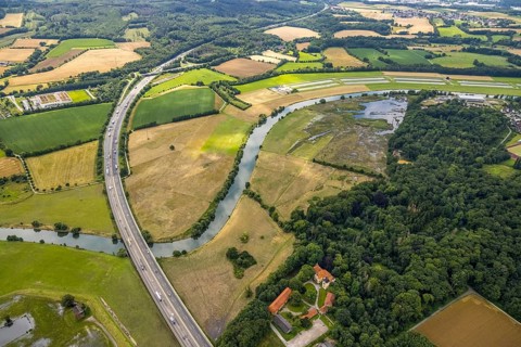 Aerial view, motorway A45 Sauerlandlinie with Ruhr bridge, a week ago the Ruhr was flooded, course