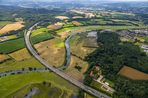 Aerial view, motorway A45 Sauerlandlinie with Ruhr bridge, a week ago the Ruhr was flooded, course