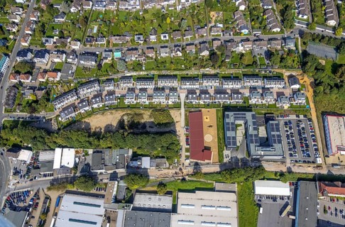 Aerial view, terraced house, housing estate Gustav-Heinemann-Straße and administrative office