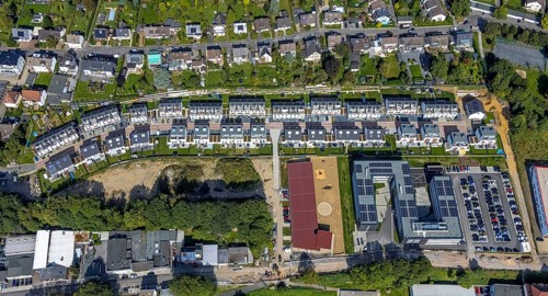 Aerial view, terraced house, housing estate Gustav-Heinemann-Straße and administrative office