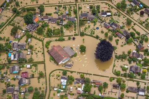 Aerial photo, Ruhr flood, flooded campsite Amsel restaurant on the Ruhr Valley cycle path in