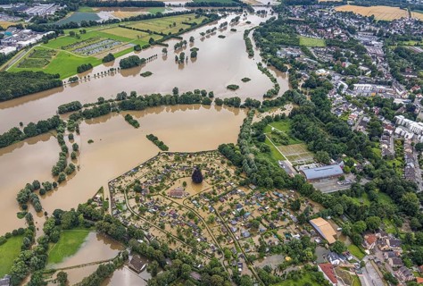 Aerial view, Ruhr flood, flooded campsite, Amsel restaurant on the Ruhr Valley cycle path in