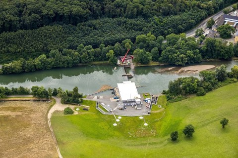 Aerial view, a week ago there was land under water at this point - the Ruhr was flooding, course of
