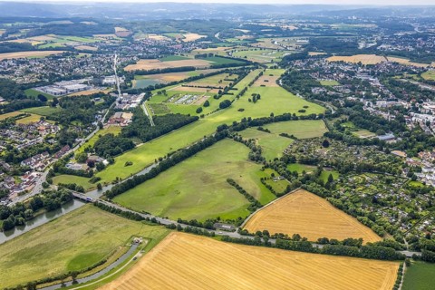 Aerial view, a week ago there was still land under water at this point - the Ruhr was flooding,