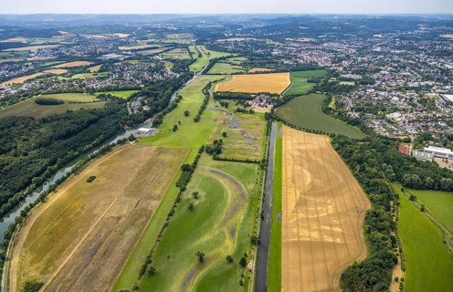 Aerial view, a week ago there was land under water at this point - the Ruhr was flooding, course of