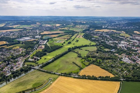 Aerial view, a week ago there was still land under water at this point - the Ruhr was flooding,