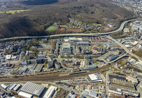 Aerial view, Weidenau railway station, tax office, town administration and town hall, view of