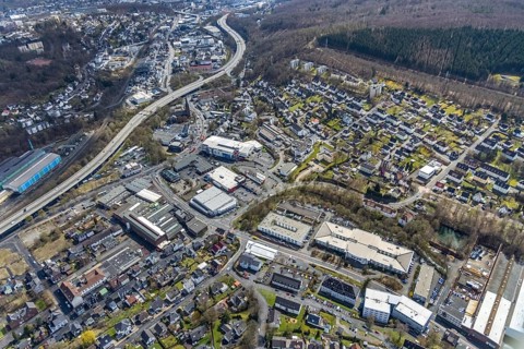 Aerial view, industrial estate Birlenbacher Straße, FOM University Centre Siegen,