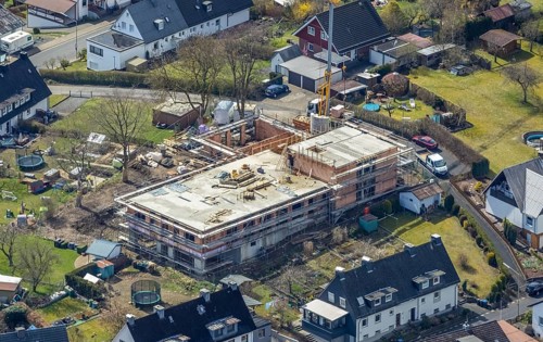 Aerial view, construction site and new building of the Protestant Kindergarten Schießberg,