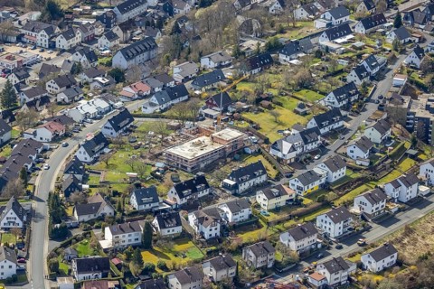 Aerial view, construction site and new building of the Protestant Kindergarten Schießberg,