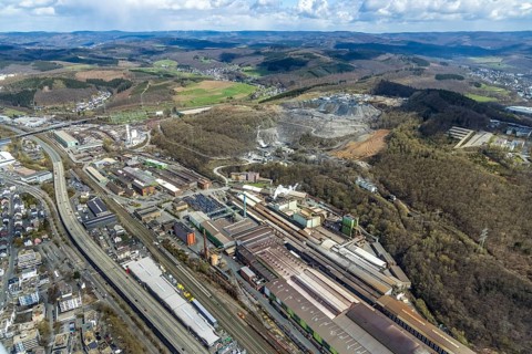 Aerial view, quarry and recycling centre Siegerland, Deutsche Edelstahlwerke, Geisweid-Stahlwerke,