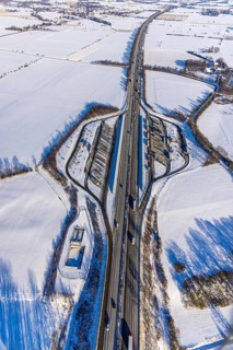Aerial photo, Ostönner Grund rest area on the A44 motorway, snow, winter, rest areas, trucks,