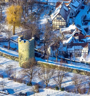 Aerial view, historical calico tower, city wall, Jakobi, Soest, Soester Börde, North