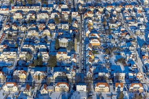 Aerial view, St. Bruno Church, architects Aloys Dietrich and Bernhard Lippsmeier designed the St.