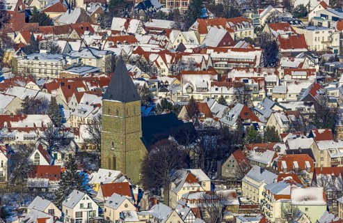 Aerial view, Protestant Church of St. Pauli, winter, snow, Soest, Soester Börde, North