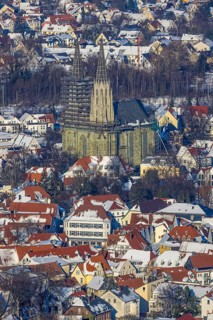 Aerial photo, Protestant Church of St. Maria zur Wiese, winter, snow, scaffolding around a church