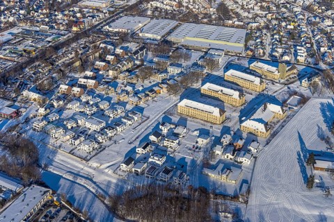 Aerial view, Belgian Quarter Soest, new construction of flats and terraced houses, former Belgian