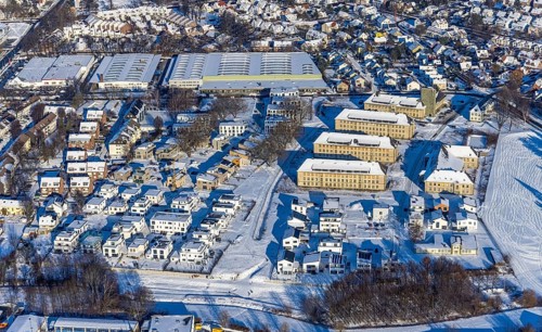 Aerial view, Belgian Quarter Soest, new construction of flats and terraced houses, former Belgian