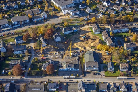 Aerial view, residential project Weitblick with the construction site Hohe Fohr in Schmallenberg,
