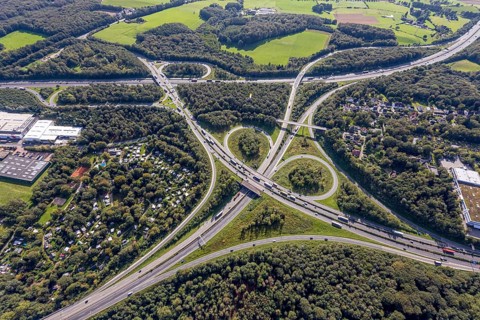 Aerial view, motorway junction Wuppertal-Nord with A1 and A43 and A46 in the district Halloh in