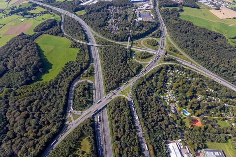 Aerial view, motorway junction Wuppertal-Nord with A1 and A43 and A46 in the district Halloh in
