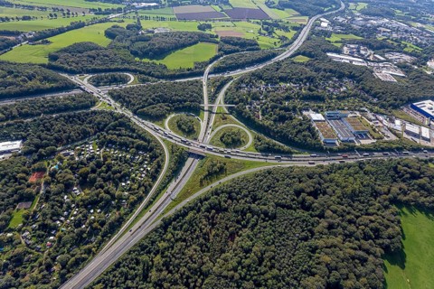 Aerial view, motorway junction Wuppertal-Nord with A1 and A43 and A46 in the district Halloh in