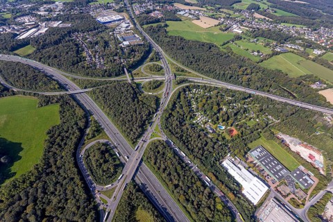Aerial view, motorway junction Wuppertal-Nord with A1 and A43 and A46 in the district Halloh in