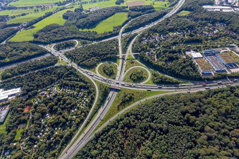 Aerial view, motorway junction Wuppertal-Nord with A1 and A43 and A46 in the district Halloh in