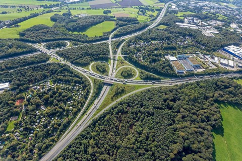 Aerial view, motorway junction Wuppertal-Nord with A1 and A43 and A46 in the district Halloh in