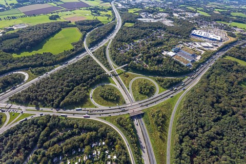 Aerial view, motorway junction Wuppertal-Nord with A1 and A43 and A46 in the district Halloh in