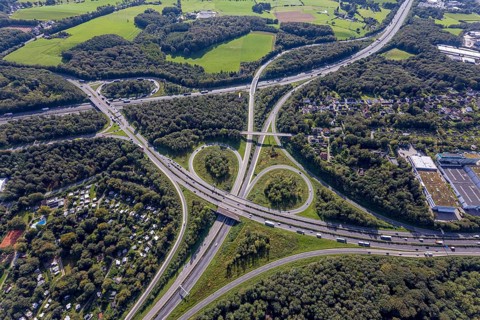 Aerial view, motorway junction Wuppertal-Nord with A1 and A43 and A46 in the district Halloh in