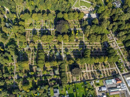 Aerial view, cemetery Öhde, also evang. cemetery Schwelm, in the district Öhde in Schwelm, Ruhr