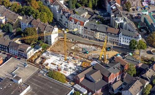Aerial view, construction site and new building between Neumarkt and Schulstraße in Schwelm, Ruhr