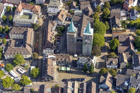Aerial view, church tower renovation of the evang. Christuskirche in Schwelm, Ruhr area, North