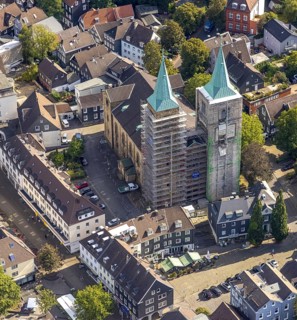 Aerial view, church tower renovation of the evang. Christuskirche in Schwelm, Ruhr area, North