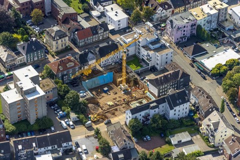 Aerial view, construction site and new building for Dorotheen-Hof in Weststraße in Schwelm, Ruhr